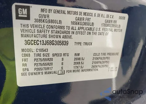 2008 Chevrolet Silverado 1500 Lt1 from USA, damaged, VIN 3GCEC13J68G305839